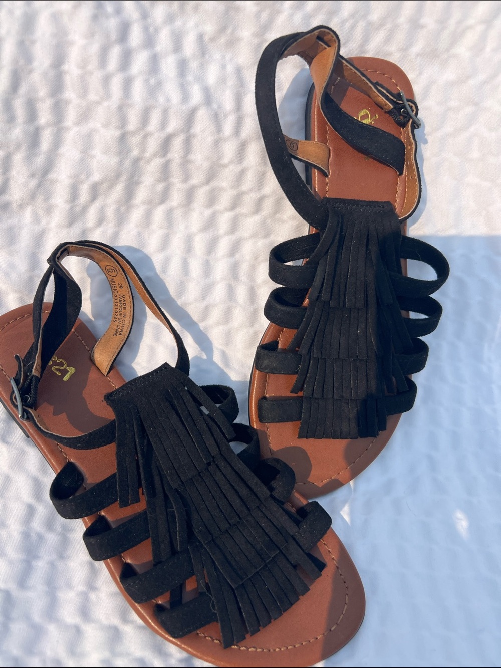 Women’s Black Fringe Strappy Sandals, Size 6
